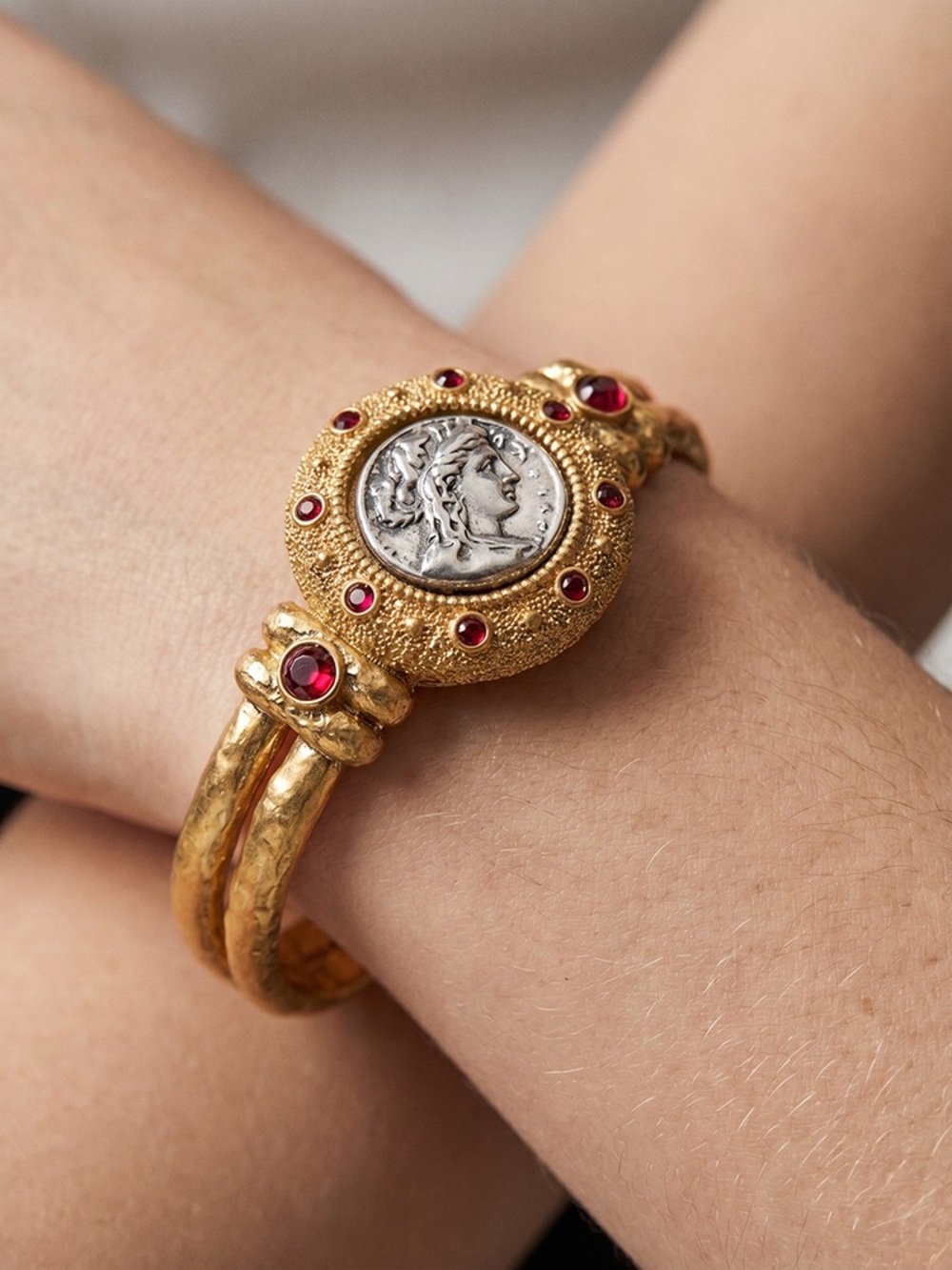 Vintage inspired Gold-Tone Coin Bangle with Red Stone Accents